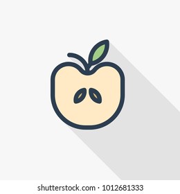 Apple thin line flat color icon. Linear vector illustration. Pictogram isolated on white background. Colorful long shadow design.