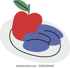 An apple and three plums on a plate in a flat style. The composition features bold shapes and simple outlines. Cartoon vector illustration.