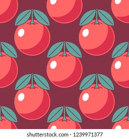 Apple, tomato, orange fruit seamless pattern. Red plants on burgundy background.
