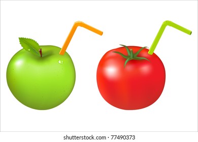 Apple And Tomato With Tubule, Isolated On White Background, Vector Illustration