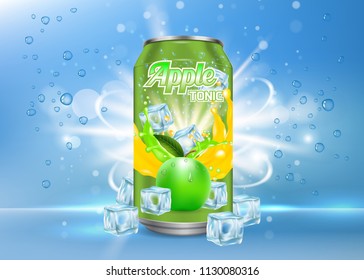 Apple Tonic Aluminum Can Packaging Mock Up. Vector Realistic Illustration Of Aluminium Can With Label Of Soft Drink With Ice Cubes, Bubbles. 3d Apple Tonic Poster, Banner, Flyer Design Template.