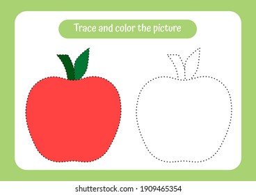 Apple Trace and color the picture. Educational game for children. Handwriting and drawing practice. Fruit theme activity for toddlers, kids. Vector illustration.