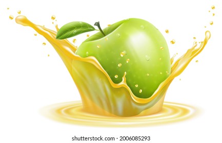 Apple in a transparent splash of juice, isolated on white background. Realistic 3D vector. Editable handmade mesh