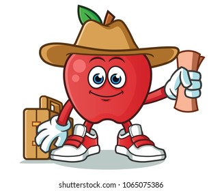 apple traveler with camera, map, hat, and suitcase mascot vector cartoon illustration