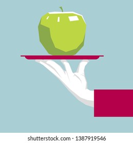 The apple is in the tray. Isolated on blue background.