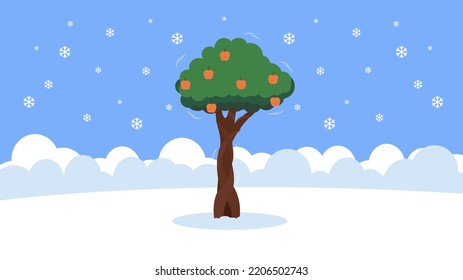 Apple tree among the snow, illustration