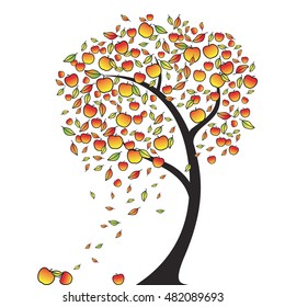 Apple tree in autumn. Leaves fly around in the wind, apples falling, a concept vector illustration