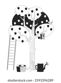 Apple tree with birdhouse and ladder outline illustration. Basket of harvested apples, watering can. Garden tools, fruits orchard 2D line scene isolated on white. Monochrome vector ink linear image