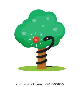 Ein Apfelbaum und eine schwarze Schlange. einzelne Vektorgrafik
