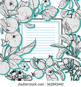 Apple. Apple tree. Apple blank. Apple Vintage vector card. Black and white. Floral background. Card with copy space. Beautiful blooming apple tree for your design.