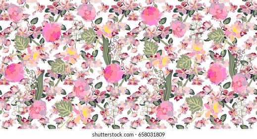 Apple tree blossom, peonies and lilies of the valley. Seamless floral pattern with small spring flowers. Oriental textile collection. Pink on white background.