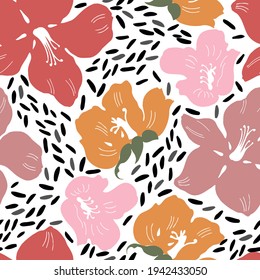 Apple tree blossom vector seamless pattern. Textile pattern flower and polka dot