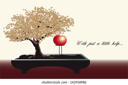 apple tree bonsai with a big fruit and a little supporting help