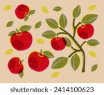 Apple tree branch, apples and leaves printed on a risograph. Vector illustration