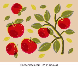 Apple tree branch, apples and leaves printed on a risograph. Vector illustration