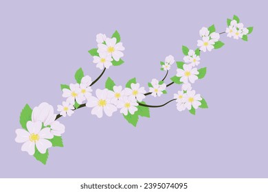 Rama de árbol de manzana con hojas y brotes aislados en un fondo lila. Ilustración vectorial.