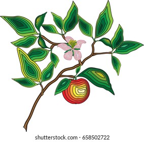 Apple tree branch with leaves, apple and flower