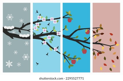 Apple tree branch parallel to the four seasons of the year. Seasons of the year in vector illustration.