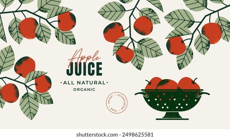 Ramas de manzanos y colador con frutas. Horizontal composición floral con manzanas. Ilustración vectorial