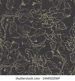 An Apple. Tree branches are young apple trees. Vector graphics, hand drawing. Seamless patterns