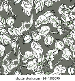 An Apple. Tree branches are young apple trees. Vector graphics, hand drawing. Seamless patterns