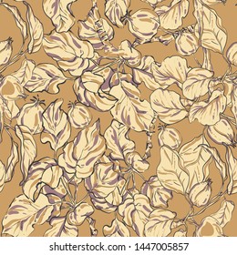 An Apple. Tree branches are young apple trees. Vector graphics, hand drawing. Seamless patterns