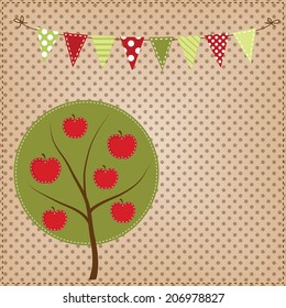 Apple tree with bunting or banner on polka dot background for scrapbooking, vector format.