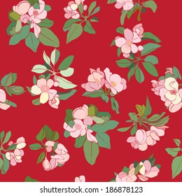 Apple tree cartoon flowers decorative pattern, spring hand drawn illustration over a red background
