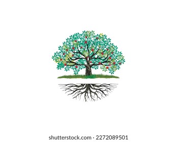 apple tree clipart vector illustration	, isolated on white. tree and roots.