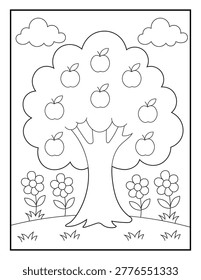 Apple Tree Coloring Page for Kids. Cute Cartoon Tree with Fruits and Flowers, Simple Line Art. Fun and educational materials for Children.