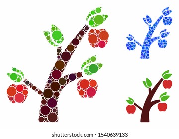Apple tree composition of small circles in different sizes and color hues, based on apple tree icon. Vector random circles are organized into blue composition.