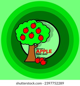 Apple Tree Day event banner. Illustration of a tree with apples, with bold text in circle frame on green background to celebrate on January 6th