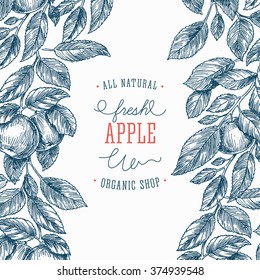 Apple tree design template. Apple leaf engraved illustration. Vector illustration