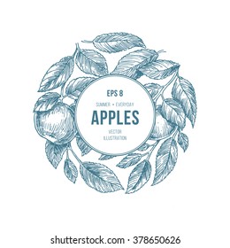 Apple tree design template. Apple leaf engraved illustration. Vector illustration