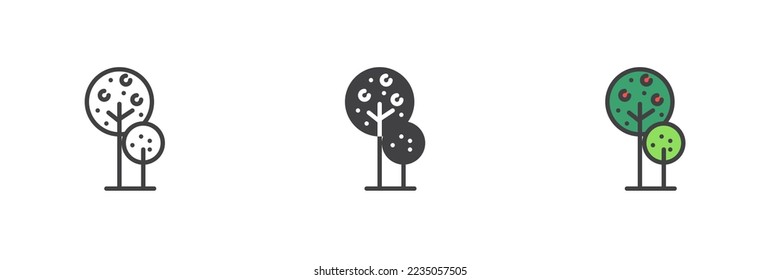 Apple tree different style icon set. Line, glyph and filled outline colorful version, outline and filled vector sign. Symbol, logo illustration. Vector graphics