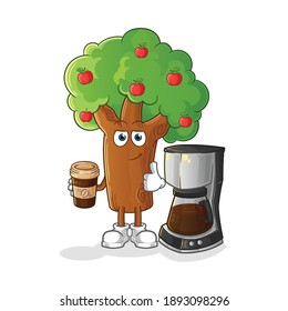 Apple tree drinking coffee illustration. character vector