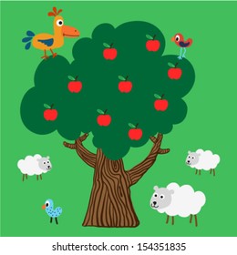 Apple tree with farm animals