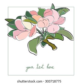 Apple tree flower card illustration, one element composition with simple frame over white