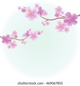 Apple tree flowers. Branches of sakura with Purple flowers isolated on Light Green color background. Cherry blossom branches. Vector