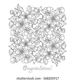 Apple tree flowers pattern. Good for coloring book for adult and older children or like greeting card for birthday, Valentines day or wedding. Vector illustration. Outline drawing.