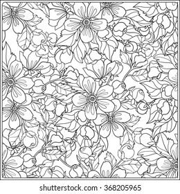 Apple tree flowers pattern. Good for coloring book for adult and older children or like greeting card for birthday, Valentines day or wedding. Vector illustration. Outline drawing.