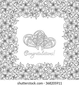 Apple tree flowers pattern with Love Heart. Good for coloring book for adult and older children or like greeting card for birthday, Valentines day or wedding. Vector illustration. Outline drawing.