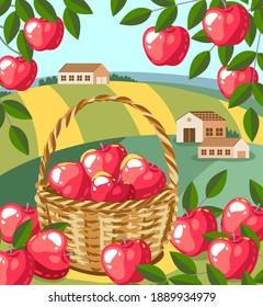 Apple Tree. Fruit Garden. Orchard Vector Illustration. Rural Landscape, Farming, Farm Hills Scene, Harvesting, Red Apples In A Basket, Fruit Bucket, Village Fair, Country House.