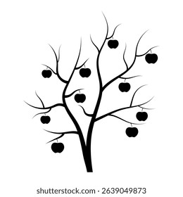 Apple Tree with Fruit on Branches Silhouette. Black and white vector illustration of a stylized apple tree with bare branches and hanging apples.