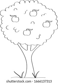 Apple tree - fruit tree painted in the modern doodle style, coloring book for children. Icon for garden magazine, outline drawing symbol.