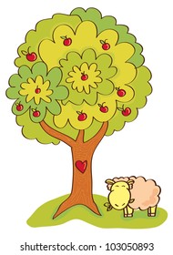 apple tree with fruit under which there is a cute sheep munching grass