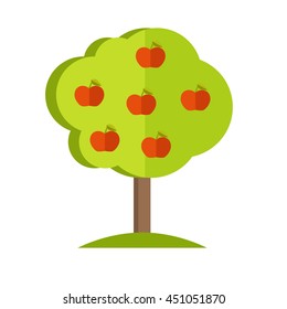 Apple tree with fruits icon. Vector illustration in flat style design. Plant pattern for environment, gardening, farming, business growing concepts. Isolated on white background. 