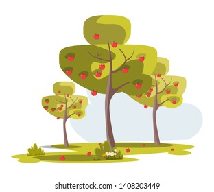 Apple tree garden flat vector illustration. Eco, bio fruits production. Red ripe apples on branches in orchard. Harvesting season in agricultural industry. Healthy food, vitamins manufacturing