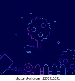 Apple tree gradient line vector icon, simple illustration on a dark blue background, garden, farm related bottom border.