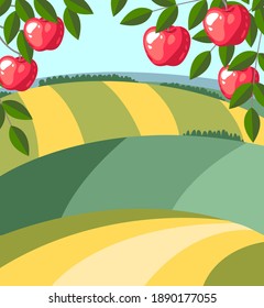 Apple tree harvest in orchard. Fruit garden. Hills, meadow, farm fields. Agricultural landscape. Autumn season. Vector illustration.